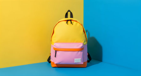 A vibrant pink and orange backpack against a bright yellow and blue background, perfect for World...
