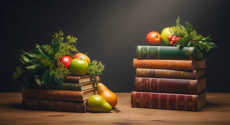 A creative representation of World Book Day with stacked books adorned with fresh fruits and greens,...