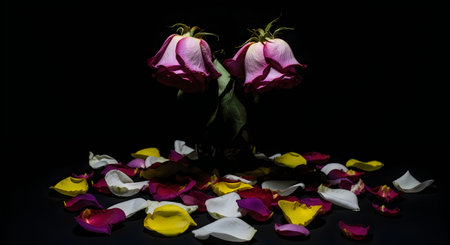 A stunning floral arrangement with pink, yellow, and white petals on a dark background, symbolizing the beauty of reading on World Book Dayの写真素材