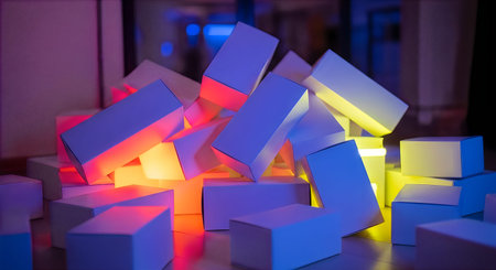 Vibrant book blocks lit up in red, blue, and yellow hues celebrating literacy and World Book Day