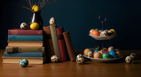 A still life composition featuring stacked vintage books, Easter eggs, and decorative items on a...