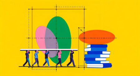 A vibrant illustration of people holding a table with a surfboard and a stack of books on World Book...