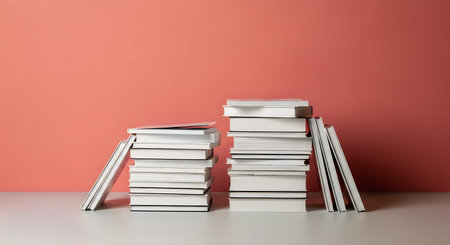 A stack of books forming a tower on a table against a vibrant orange background, symbolizing World...