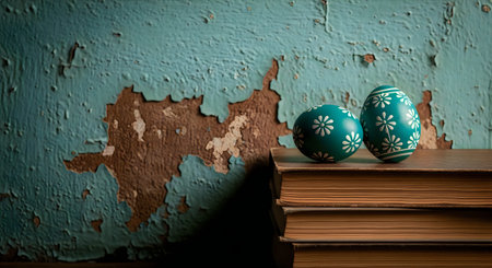 A stack of old books with decorative eggs on top, symbolizing World Book Day with a rustic backdrop.