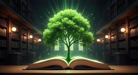 An open book in a library grows a tree on World Book Day, symbolizing knowledge and reading.