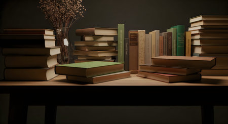 A serene and inviting scene featuring stacks of books on a wooden table, evoking a sense of World Book Day celebration and love for readingの写真素材