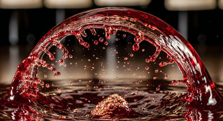 A close-up view of a single drop of red wine falling into a pool of wine, creating a ripple effect