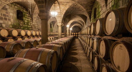 A dimly lit wine cellar with rows of oak barrels and arched stone vaults, evoking a sense of...