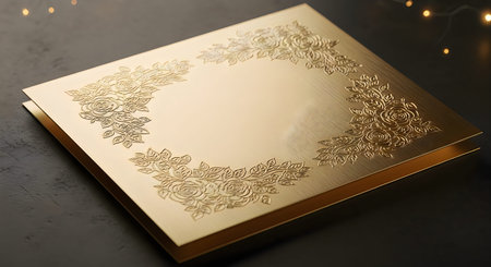 A close-up view of a luxurious book with a gold cover featuring ornate designs and patterns, placed...