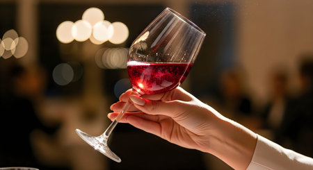 A person's hand grasping a wine glass filled with red wine, set against a blurred background with...