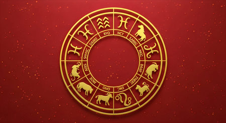An oval-shaped zodiac wheel featuring twelve astrological signs on a deep red background,...