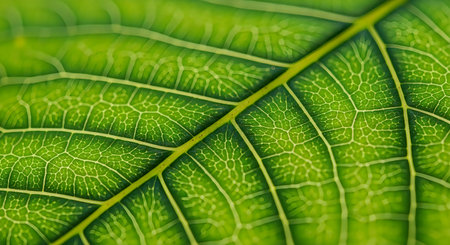 A detailed close-up of a green leaf showcasing its intricate network of veins and textured surface...