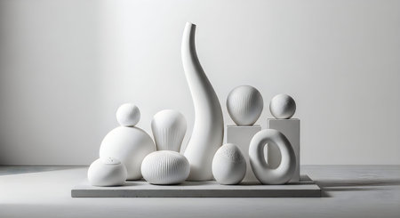 A black and white photograph of a surrealist sculpture featuring abstract forms and shapes on a...