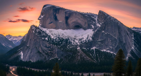 A large granite cliff face partially covered in snow at sunset in Yosemite National Park Californiaのeditorial素材