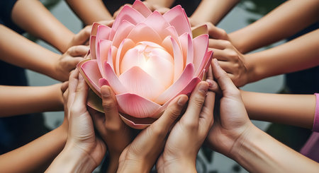 Multiple hands cradle a delicate pink lotus flower symbolizing cooperation and peace
