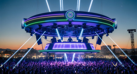 A large festival stage with bright lights and a crowd of people at dusk, creating an electric atmosphere.のeditorial素材