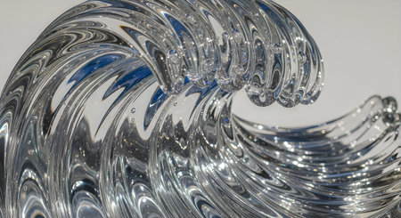 A crystal wave sculpture with intricate details, blue accents, and shimmering light reflections on a...
