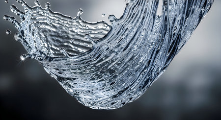 A close-up image of a single water droplet splashing, creating ripples and reflecting light against a blurred dark background.のeditorial素材