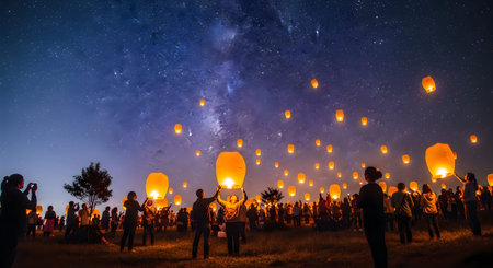 Silhouetted people watch as glowing lanterns rise into a dark blue night sky filled with stars and a...