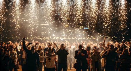 A large crowd of people gathered to celebrate New Year's Eve with fireworks exploding in the night...