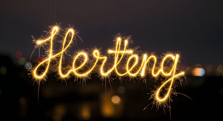 A blurry nighttime scene featuring a bright yellow sparkling sign that reads Hertang in cursive...
