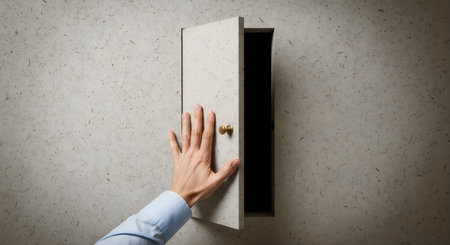 A person's hand reaching out to operate a rectangular security panel mounted on a textured wall...