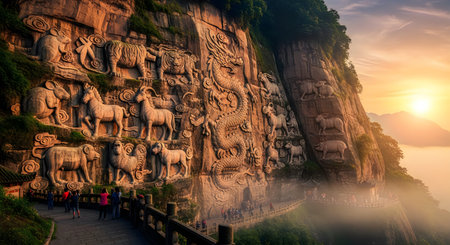 A winding path along a rugged cliff face with intricate ancient carvings, overlooking a calm sea at...
