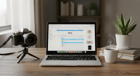 A laptop displaying a webpage on a wooden desk with a camera on a tripod and a potted plant nearby
