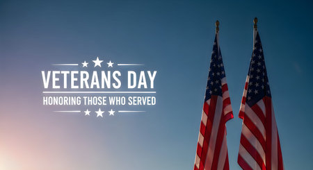 A poignant image featuring waving American flags, a Veterans Day message, and a respectful tribute to those who served.