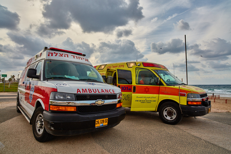 Tel-Aviv, 20 November, 2016: Israeli ambulances parking at the city promenadeのeditorial素材