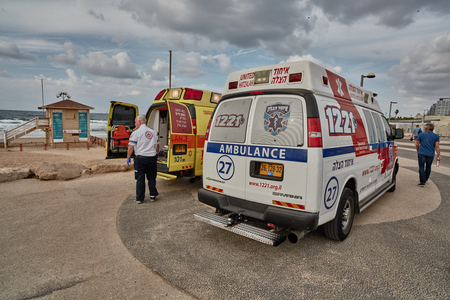 Tel-Aviv, 20 November, 2016: Israeli ambulances parking at the city promenadeのeditorial素材