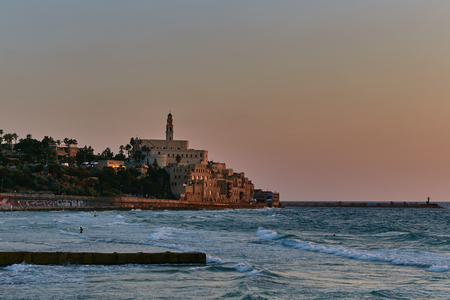 Sea view on ancient Jaffa city, sunsetのeditorial素材