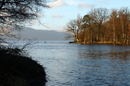 Loch Lomond and the River Leven in Balloch, Scotlandの写真素材