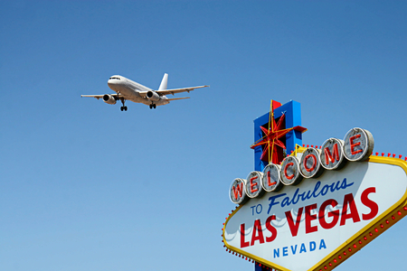 Welcome to Fabulous Las Vegas Sign with Arriving Airplaneの写真素材