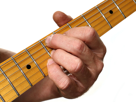 Close-up of a Guitarist Fingering Chords against a White Background
