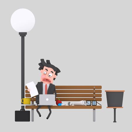 3d illustration. Worried businessman having lunch on a bench benchの写真素材