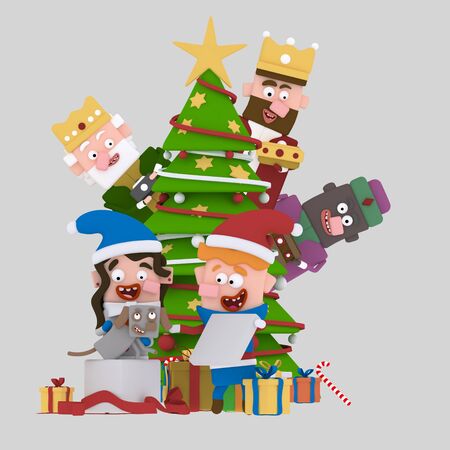 Magic Kings behind the xmas tree looking children opening gifts .3d illustrationの写真素材