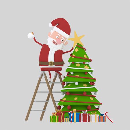 Santa decorating Xmas Tree. 3d illustration.の写真素材