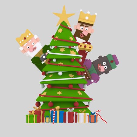 Magic kings behind the xmas tree .3d illustration.の写真素材