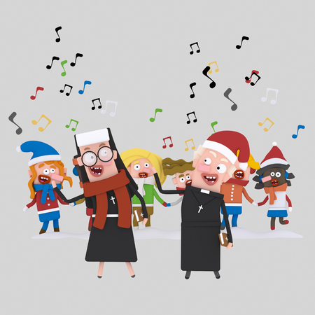 Nun and priest singing xmas songs with kids..3d illustrationの写真素材