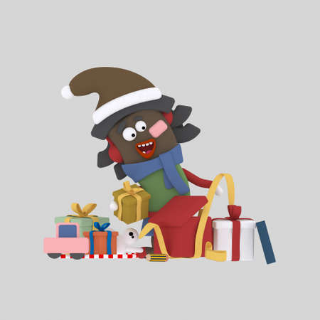 Girl opening gifts.3d illustrationの写真素材