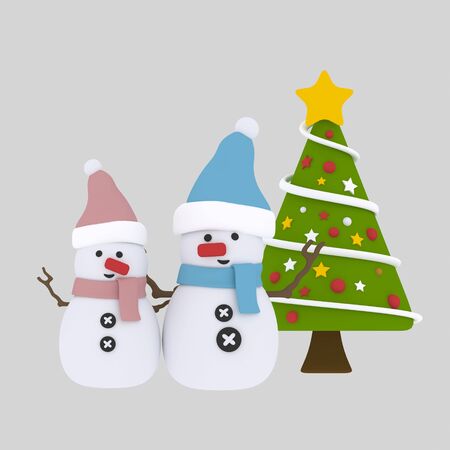Couple snowman and xmas tree. 3d illustrationの写真素材