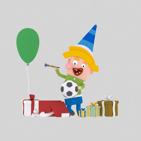 Boy opening gifts.3d illustration.の写真素材