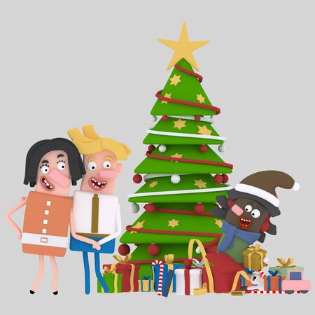 Happy parents looking at their daughter opening gifts .3d illustration.の写真素材