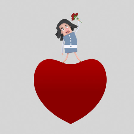 Woman standing on big heart. 3d illustrationの写真素材