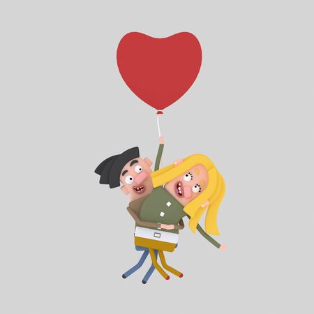 Young couple traveling in a heart balloon. 3d illustrationの写真素材