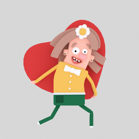 Girl holding big heart. 3d illustrationの写真素材