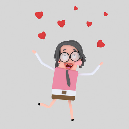 Girl running while its raining hearts. 3d illustrationの写真素材