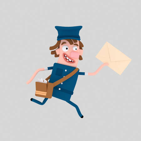 Postman running holding a letter. 3d illustrationの写真素材