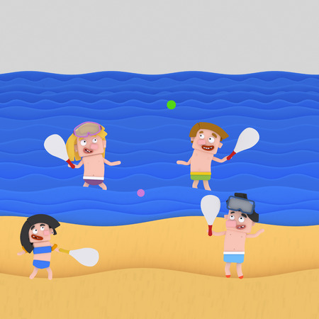 Children playing beach paddle. 3d illustration.の写真素材